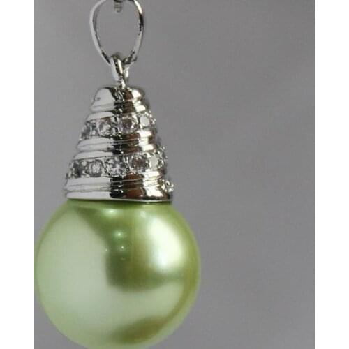 High quality ladys 12mm light green shell pearl pendant+silver plated metal with crystal decorated