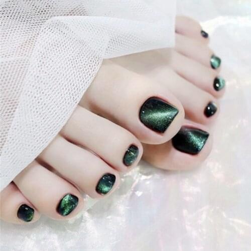 Green cat eye UV gel false nails for toe french 24pcs Summer cute toe nails short size lady full nail tips