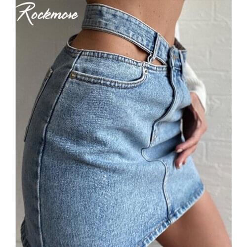 Rockmore Hollow Out Sexy Jeans Skirts Women Pockets Demin Pencil Skirt High Waist Summer Streetwear Nightclub Mini Skirts Ladies