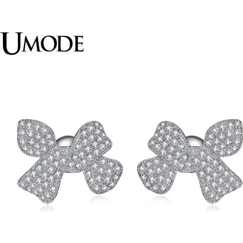 UMODE New Design Bow Knot Rhinestone Stud Earrings for Women Love White Gold Color De Lujo Cubic Zirconia Brincos AUE0306