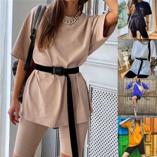 Casual Solid Womens Two-Piece Suit With Belt Home Loose Sportswear Fashion Bicycle Wear Summer Hot-Selling Leisure Suit