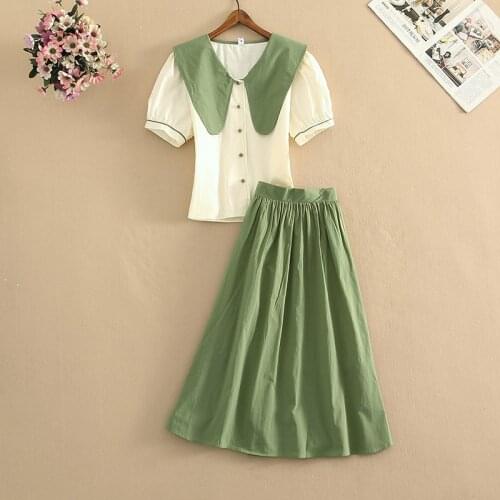 Women Summer New Cotton Linen Two Piece Set Patchwork Peterpan Collar Puff Sleeve Blouse Tops +Vintage Midi Long Skirt Sets Suit