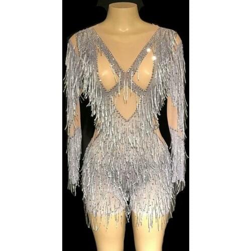 Fashion Fringe Rhinestones Mesh See Through Bodysuit Sexy Tassel Rompers Womens Nightclub Bar Party Outfit Stage Dance Costume