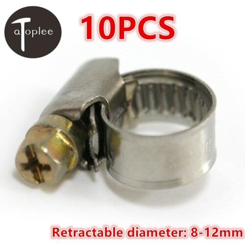 10PCS Stainless Steel 8-12mm Adjustable Drive Hose Clamp For Locking Tightening Water Tube Or Air Tube Pipe Clips