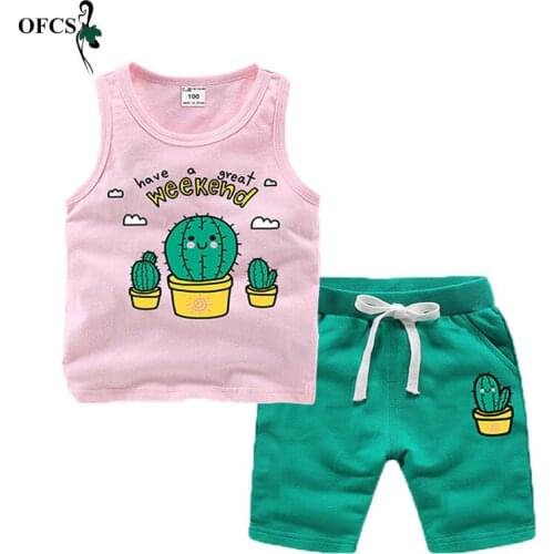 Kid Baby Girl Clothes Sets Round Neck Sleeveless Cute Cartoon Design T-shirt Top And Shorts Pants 2pcs Boys Cotton Outfit Suit