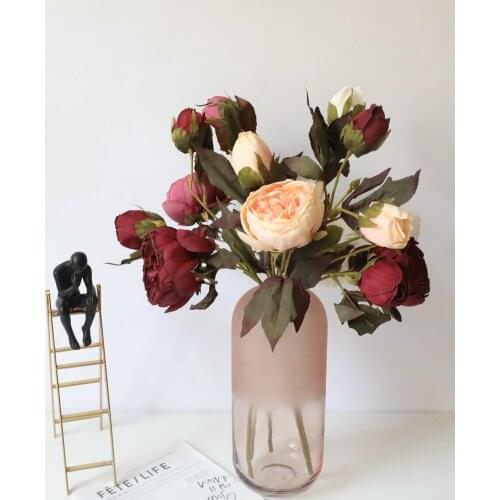 3 Heads Peonies Artificial Dry burned Peony Silk Flowers DIY Fake Flowers Faux Flowers Wedding Stage Backdrop Decoration