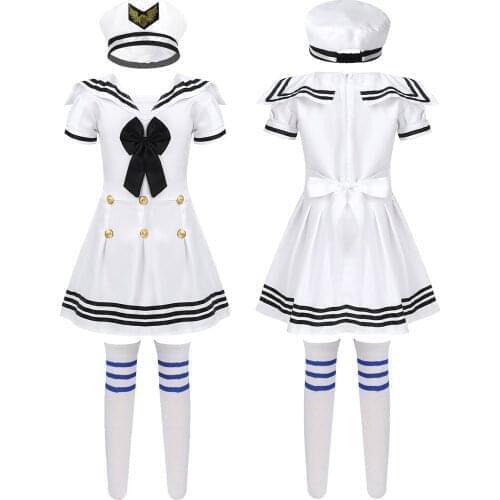 3Pcs Kids Girls Cosplay Sailor Uniforms Short Sleeve Dress + Hat Socks Childrens Roleplay Performance Dance Costume Outfits