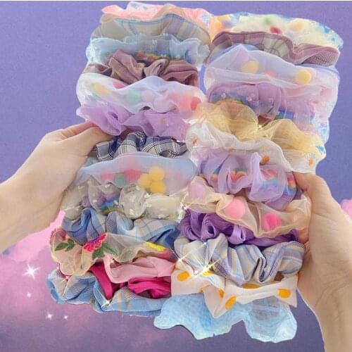 Shine Lace Colorful Bow Rainbow Hair Scrunchies Ponytail Holder Hairband Scrunchy 2021 New Hair Ties Hair Accessories Gift