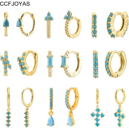 CCFJOYAS High-Quality 925 Sterling Silver Turquoise Earrings for Women Simple Mini Piercing Hoop Earrings Fashion Jewelry