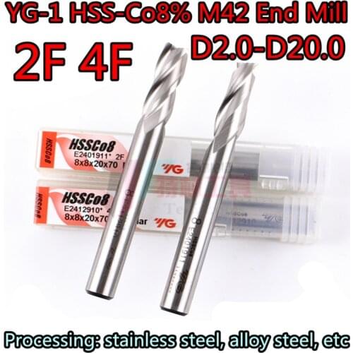 D2 D2.5 D3 D4 D5 D6 D8 D10 D12 D14 D16 D18 D20 2F 4F YG-1 HSS-Co8% M42 End Mill Processing: stainless steel, alloy steel, etc