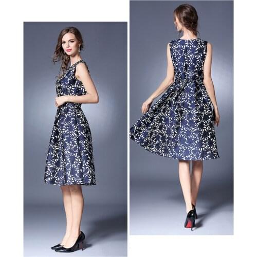 European Style Fashion Women Sleeveless Dobby Flower Purple Blue Tank Dress , Woman Elegant High Waist Floral Dresses