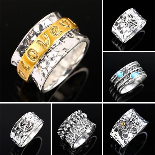 Rings for Men Punk Gothic Silver Plated Engraved Bird Octopus Flower Chunky Finger Ring Women Vintage Personality Jewelry Gift