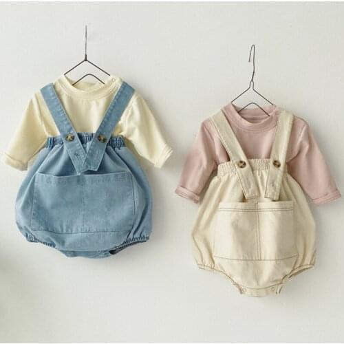 Baby Boy Outfits Clothes Set 2Pcs Strap Shorts + Long-sleeved T-shirt Set Cowboy Big Pocket High Waist Pack Lantern Outwear