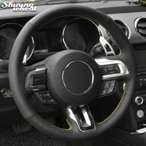 Shining wheat Black Genuine Leather Car Steering Wheel Cover for Ford Mustang 2015-2019 Mustang GT 2015- 2019