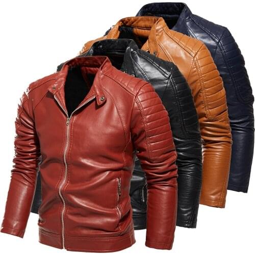 New Mens PU Faux Leather Jackets Men 2021 Motorcycle Jacket Autumn Winter Casual Stand Collar Biker Coat Zipper Fleece Coats Man