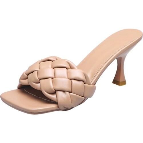 Sqaure Toe Red Quilted Mule Heels Shoe Black PU High Heel Shoes Women Sandals Sliper Woman Shoes Zapatos Mujer White Blue