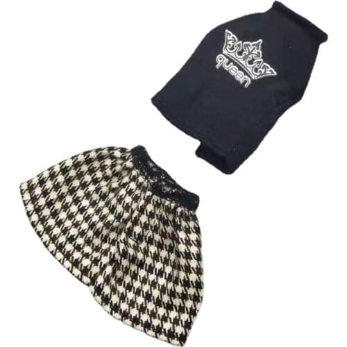 Fashion 1/6 BJD Clothes for Barbie Doll Outfits High Neck Black Shirt & Houndstooth Plaid Skirt 11.5" Dolls Accessories Kids Toy