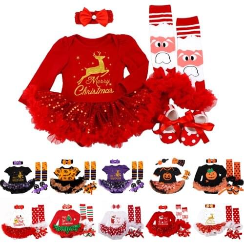 My 1st Christmas Baby Girls Romper Sets Xmas Party Dress Set Halloween Costume Clothes Baby Clothing 4Pcs Christmass Baby Gifts