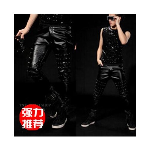 Stage personality men pants punk rivet harem pant men feet trousers singer dance rock fashion street star style novelty black