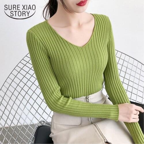 2020 Autumn and Winter New Korean Style All-match Slim Pullover Casual Sweater V-neck Long Sleeve Bottoming Sweater Women 10309