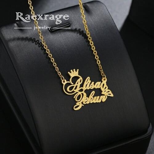 Raexrage Personalized Couple Crown Name Necklaces Stainless Steel Butterfly Pendants Choker Frosted Necklaces For Girl Women