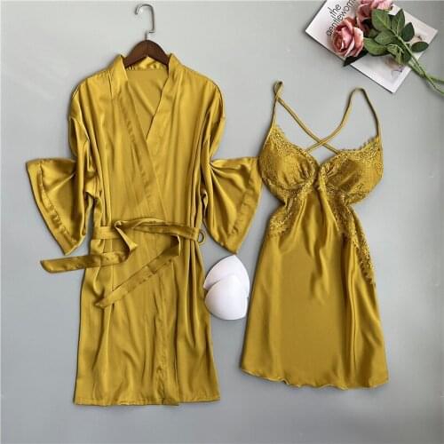 Sexy 2PCS Sleepwear Robe Gown Set Womens Lace Bride Wedding Nighty Bathrobe Summer V-Neck Kimono Satin Home Wear Nightgown