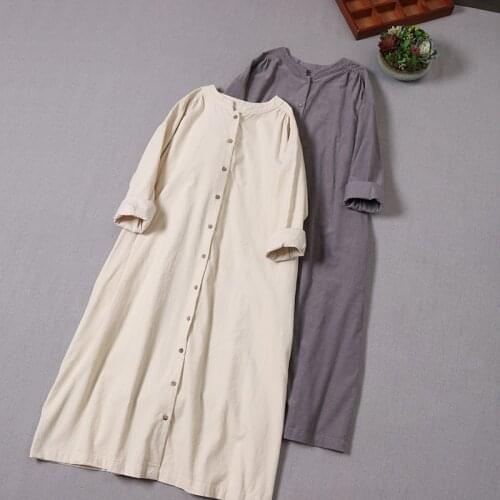 Literary Mori Girl Solid Color Cotton Corduroy Dress Early Autumn New Loose Long Sleeve Stand Collar Dress Women