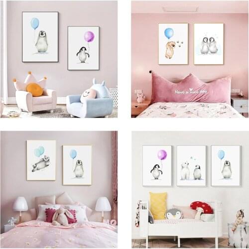 Simple Nordic cartoon watercolor animal balloon penguin polar bear childrens room poster decoration picture printing