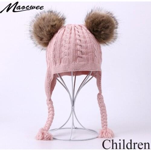 Double Faux Fur Pom Pom Beanie Hat For Children Winter Earflaps Braid Knitted Warm Cap Beanie Kids Cute Soft Hat For Girls Boys