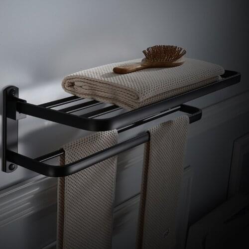 Bathroom Towel Rack with Two Bars Aluminum Black Towel Holder Folding Wall Mounted 50-60CM Towel Rail Holder Towel Hanger Bar