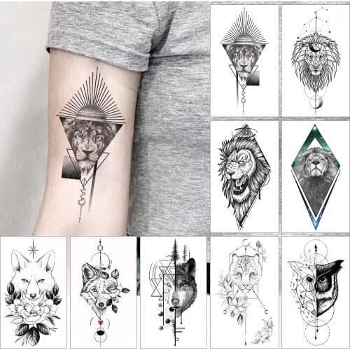 Waterproof Temporary Tattoo Sticker Line Lion Sunset Flash Tatoo Wolf Fox Animal Arm Wrist Fake Tatto For Body Art Women Men