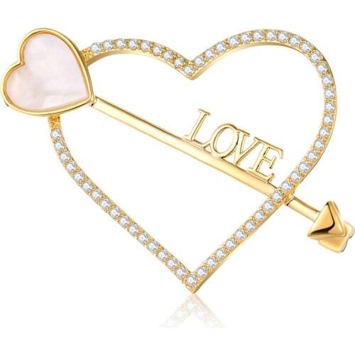 Cute Shell Heart Arrow Brooches For Women Zircon Love New Copper Brooch Pins Fashion Clothing Jewelry accesorios mujer