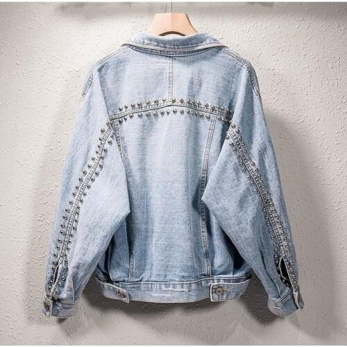 Womens Denim Jacket Streetwear Loose Oversize Coat Ripped Studded Rivet Jeans Jackets Holes Casual Outerwear Plus Size XL-5XL