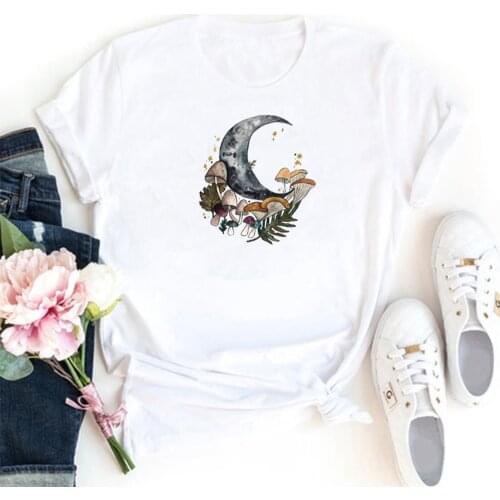 Mushrooms Under The Moon Women T-shirt Cute Cotton Printing Camiseta Mujer Fashion Harajuku Goth Clothes Tshirt Women Tops