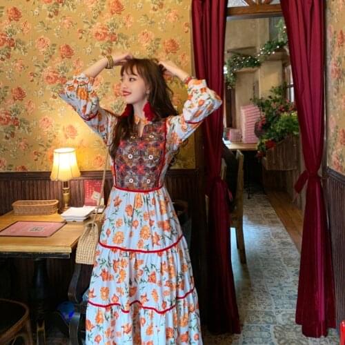 2021 Spring Autumn New Print Long Skirt Bohemian National Style Tourism Holiday Embroidery Indian african Dress Womens Abaya