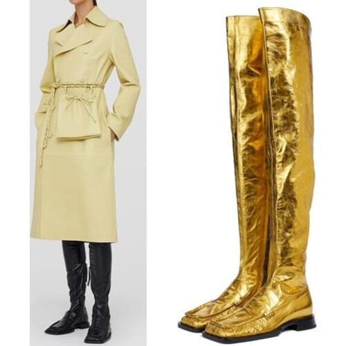 Falajoy Luxury Thigh High Boots Gold Square Toe Loafer Flat Brand Design Genuine Leather Over the Knee Tall Boot Women Plus Size