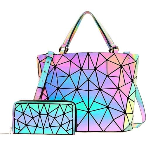Womens Set glowing bag Diamond Geometric Deformation Tote Bag Irregular Folding Shoulder Bag Holographic Luminous Bucket Bag
