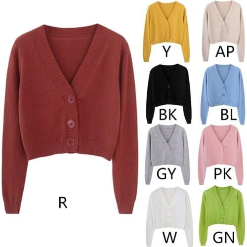 Women Long Sleeve Sweater Cardigan Sexy V-Neck Button Down Cropped Jacket Sweet Solid Candy Color Loose Knitted Coat