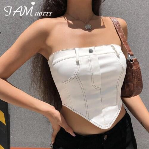 Button Sexy Strapless Tube Top Women Sexy Backless Zip-up Bustier Corset Summer Vintage Casual Crop Tops Korean Fashion Iamhotty