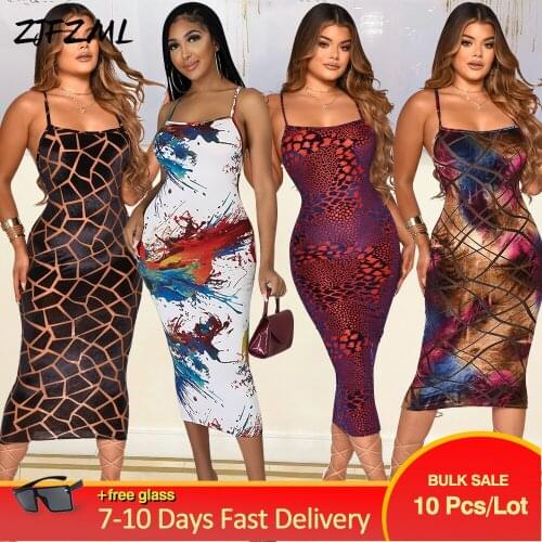 Bulk Items Wholesale Lots Womens Party Dress Early Fall Spaghetti Strap Sleeveless Print Vestidos Fashion Cross Backless Robe