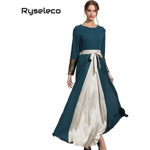 Women Spring New Vintage Patchwork Chiffon Long Sleeve Embroidery Appliques Floral Bow Ties Maxi Dresses Robe Malaysia Gown Toga