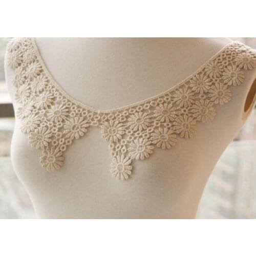 1 Piece 27*9cm 100% Cotton Embroidery Pearl Lace Collar Fabric Sewing Applique DIY Neckline Lace Applique Trim Wedding Supply