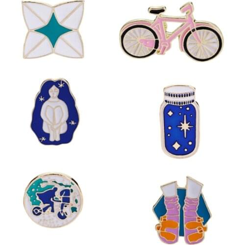 1PC Cartoon Brooch Enamel Pins Series Brooches Bicycle Girl Shoes Origami Wishing Bottle Travel Backpack Jacket Lapel Pin Badge