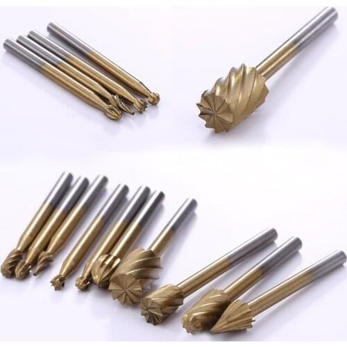 10pcs/set 3mm HSS Titanium Burrs Rotary Files Set Milling Cutter Engraving Bit Tool