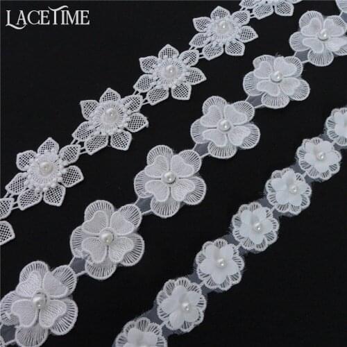 5 yards White Pearl Flower Handmade Beaded Embroidered Lace Edge Trim Ribbon Double Layered Applique Dress DIY Sewing Craft