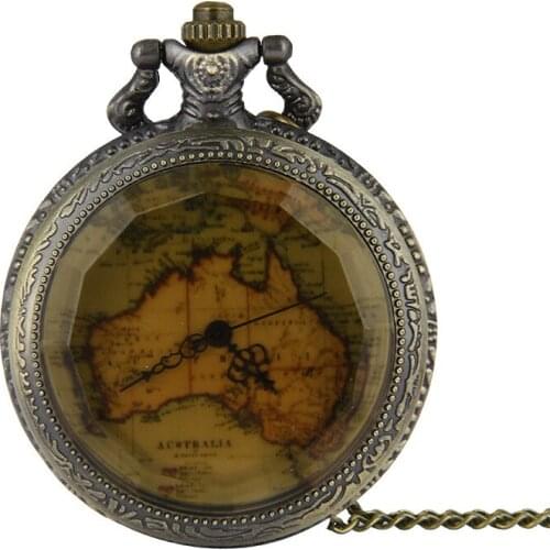 8059Retro brown flip map pocket watch large European and American map sweater chain watch quartz watch