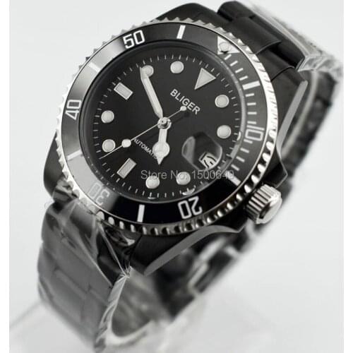 BLIGER 40mm Style PVD black steel case Ceramic Bezel sapphire glass blackd Folding buckle date Automatic mens' wristwatch