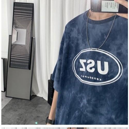 Tie-dye short-sleeved t-shirt mens clothes half-sleeved summer loose wild five-point sleeve t-shirt