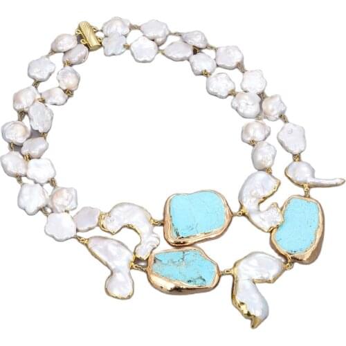 GG Jewelry 18" 2 Rows Cultured White Keshi Flower Pearl Blue Turquoise Necklace