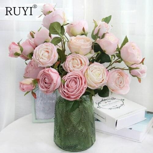 3 Heads rose flower branch silk artificial flowers wedding valentines day christmas home desktop decoration photo props